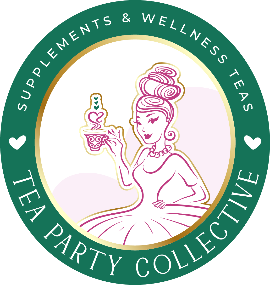 Logo with a woman holding a tea cup, surrounded by text about supplements and wellness teas.