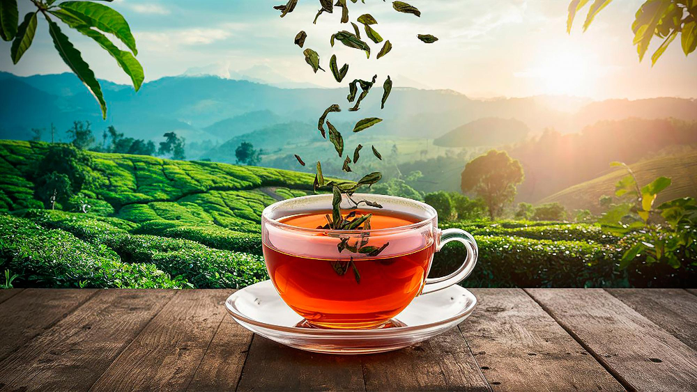 Tea leaves falling into a cup of tea with a scenic mountain background.
