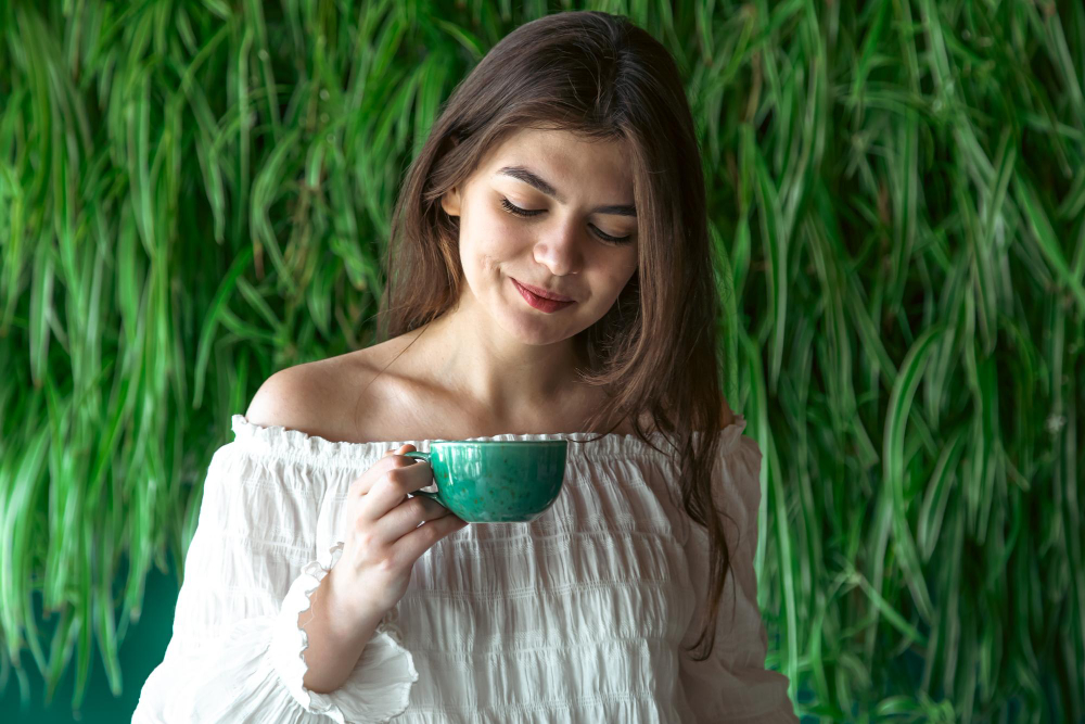 A woman enjoying a cup of tea with a serene smile in a natural setting.